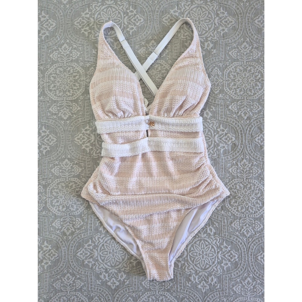 Pink White Chevron Textured One Piece Swimsuit Size Medium NWOT